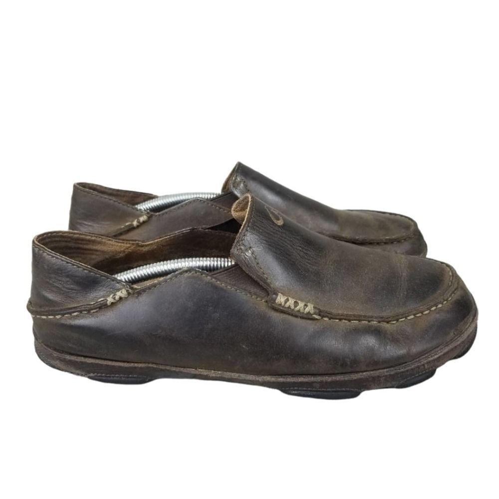 Olukai Moloa Deep Brown Leather Slip-On Loafer Shoes Mens Size 8.5